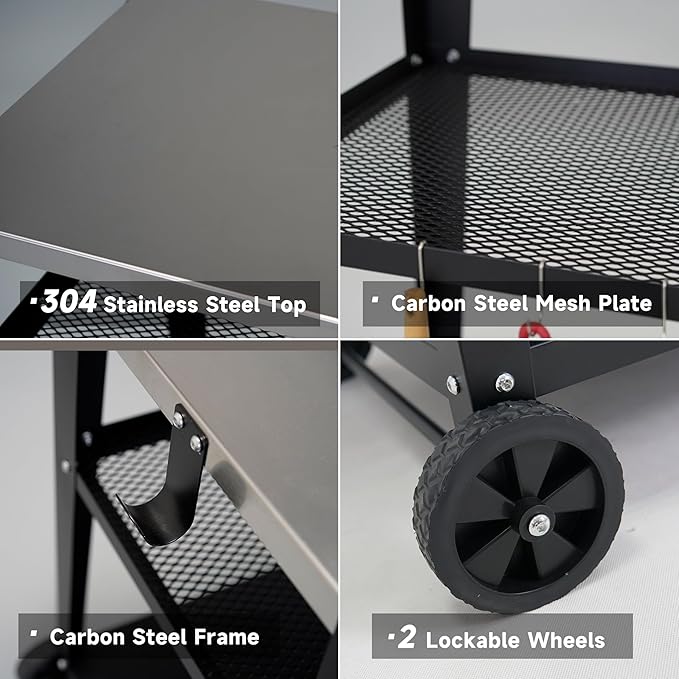 LEETOLLA Stainless Steel Outdoor Grill Cart with Wheels, Heavy-Duty 3-Tier BBQ Prep Table for Pizza Oven, Griddle, Patio ??Rustproof Commercial Kitchen Cart with Tool Hooks