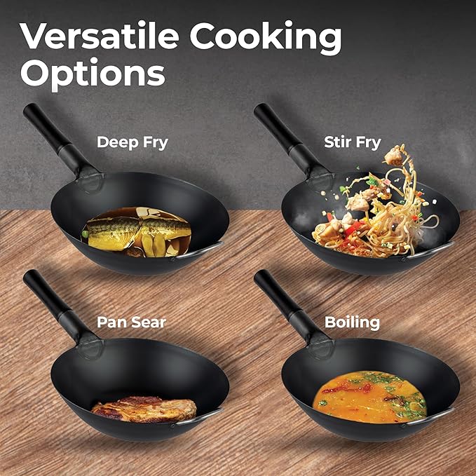 Restaurantware Carbon Steel Wok 1 Pack of 14 Inch Heavy-Duty Uniform Heat Distribution Pan Induction Compatible Round Bottom Wok Welded Handle Black For Gas Stovetops And Grills