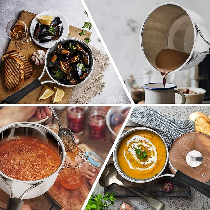 P&P CHEF 1 & 2 Quart Saucepan Small Pot, Stainless Steel Saucepan with Lid, Small Sauce Pan for Home Kitchen Restaurant Cooking, Visible Glass lid & Bakelite Heat-Proof Handles,Dishwasher Safe, 2 Pcs