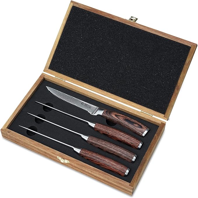 Wakoli EDIB 4-Piece Damascus Steak Knife Set ??Professional Dining Kitchen Knives with VG10 Core Blades, 67-Layer Damascus Steel & Ergonomic Pakkawood Handles ??Premium Steak Cutlery in Gift Box