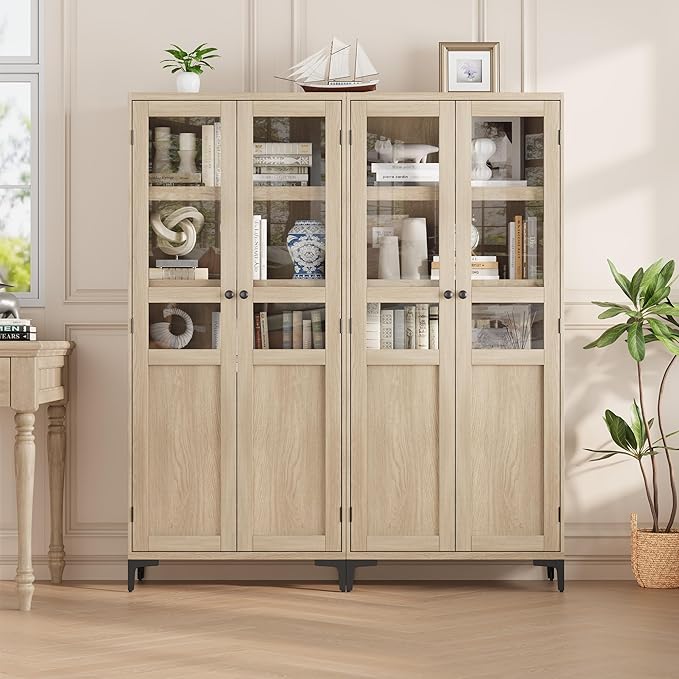 IDEALHOUSE Tall Storage Cabinet with Glass Doors, 71" Height, Adjustable Shelf, Light Oak Wood, Multi-Purpose Organizer for Kitchen Pantry and Bathroom (Natural Wood, 2 Doors with Glass)