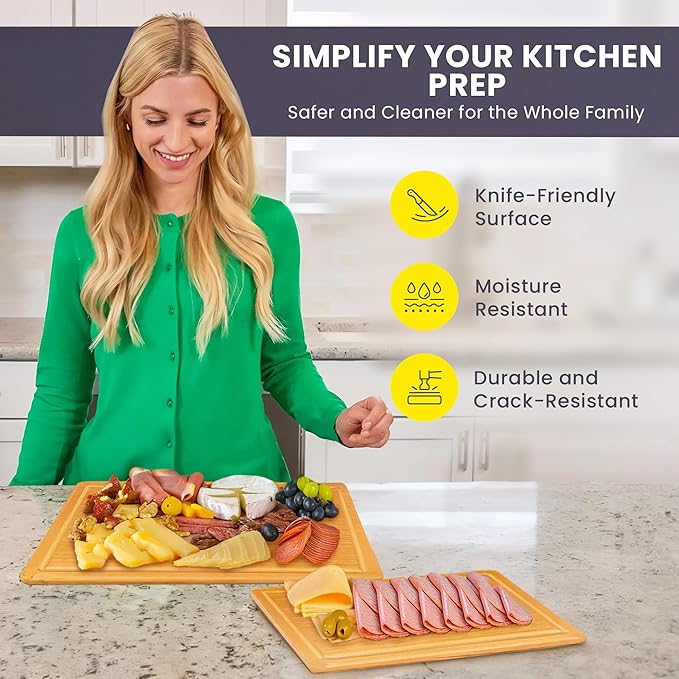 Extra Large Bamboo Cutting Board Set of 2 ??Wood Cutting Boards for Kitchen with Glue-Free Surface??& Juice Groove ??Non-Toxic Wooden Chopping Boards, FSC-Certified, Durable Carving Boards - Rectangle