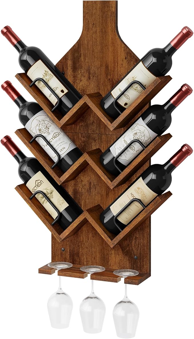 Hoctieon Wine Rack Wall Mounted, 6 Bottles Wood Wine Rack for Display and Storage, Hanging Bottle Holder Bar Shelves for Living Room, Kitchen, Dining Room, Wine Cellar, Rustic Brown