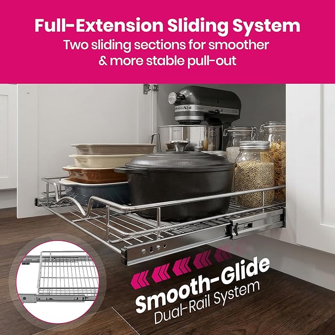 HOLDN??STORAGE Pull Out Cabinet Organizer - Heavy Duty Steel with Smooth Slide-Out Drawers, Chrome Finish - 22" W x 17" D Basket, Fits 23.25" Cabinet Opening