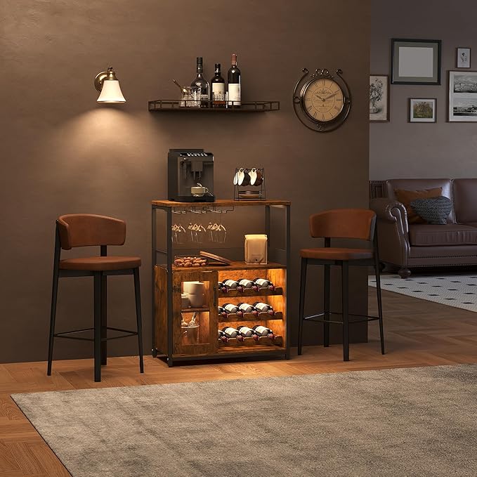 Vintage Industrial Wine Bar Cabinet with Adjustable Wine Racks and Glass Holders, Mesh Door Sideboard Storage Cabinet for Living Room, Kitchen, Dining Room, Compact Design,Retro Color with Light
