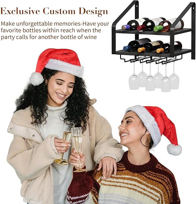 Wall Mounted Wine Rack for 6 Wine Bottles and 6 Glass Holder, 2-Tier Wall Wine Rack, Wood Wine Racks for Wall, Wood-Metal Wine Bottle Holder for Home Bar, Wine Kitchen Storage (Black)