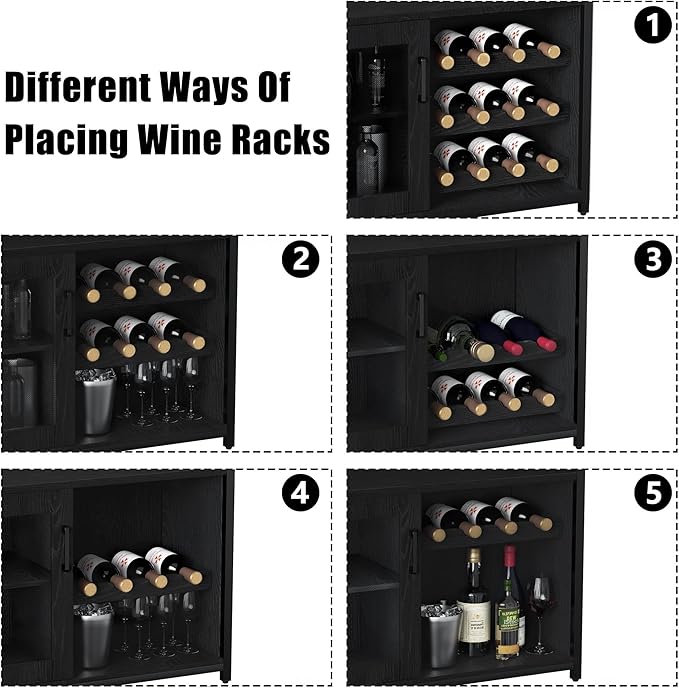 Vintage Industrial Wine Bar Cabinet with Adjustable Wine Racks and Glass Holders, Mesh Door Sideboard Storage Cabinet for Living Room, Kitchen, Dining Room, Compact Design, Easy Assembly,Black