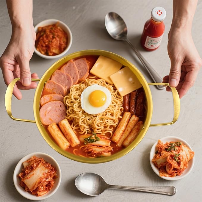 4 Sizes Korean Ramen Pot, ATSKIM Stainless Steel Noodle Cooking Pots for Stove, Golden Ramen Cooker with Handles for Pasta Soup, Fast Heating Everyday Pan for Home Outdoor Use (Gold)