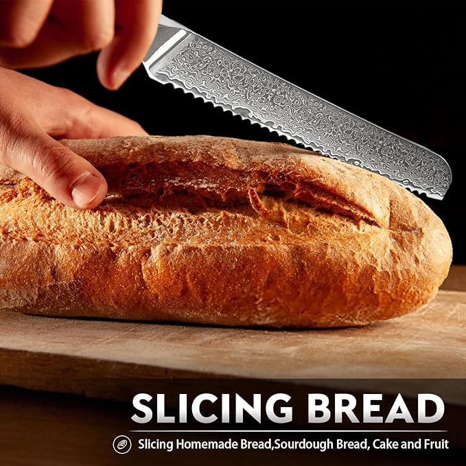 Purple Dragon Damascus Bread Knife 8 Inch, VG10 Steel Serrated Knife for Homemade Sourdough Bread, Cake and Fruit, Razor-Sharp Chef's Knives Christmas Gift for Men and Women
