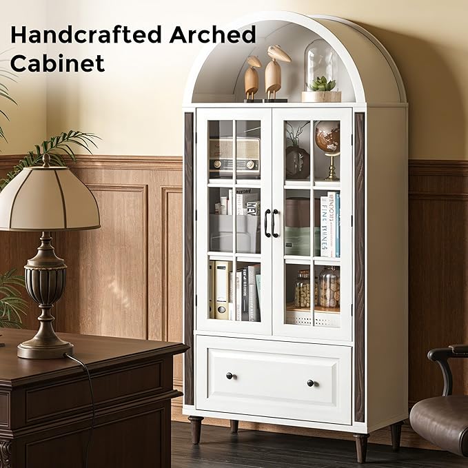 71??Handcrafted Arched Bookcase, Wooden Display Cabinet with Glass Doors and Adjustable Shelves, Elegant Storage Solution for Living Room, Dining Area, and Office, White