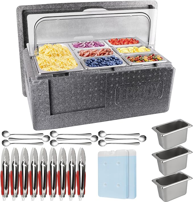 Lanstics Pizza Topping Station 10 Pans Salad Bar Buffet Station Insulated Cold Food Buffet Server with Ice Packs Lids Buffet Containers Set Platter Box for Party Buffet Keeping Food Cold