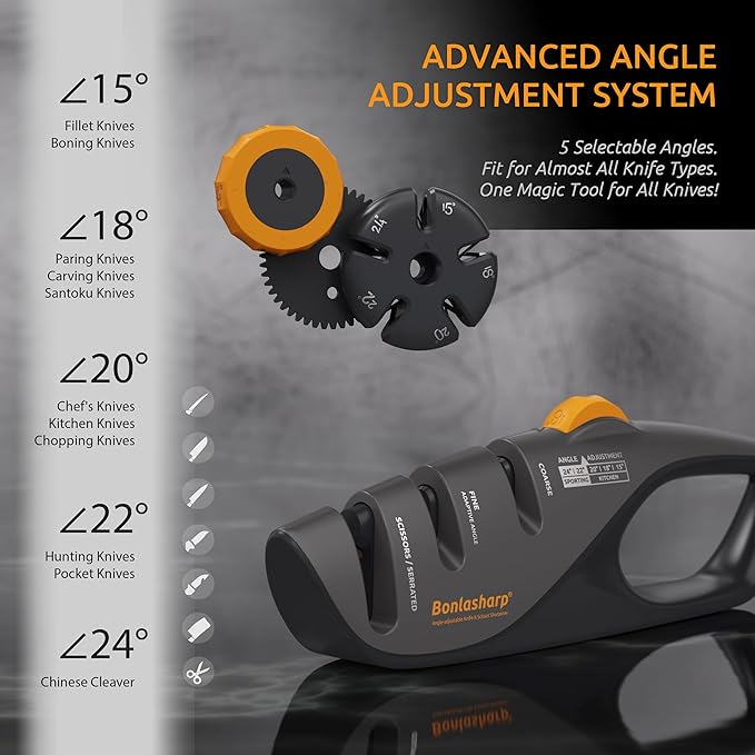 5-Angle Adjustable Knife Sharpener for Kitchen, Scissors & Pocket Knives ??Precision 15째-24째 Sharpening, Coarse & Fine Slots, Non-Slip Base, Ergonomic Handle, Safe & Easy to Use