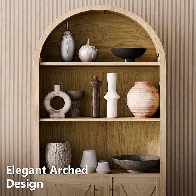 Arch Storage Cabinet with Beech-Wooden Door, 60??Arched Display Floor Cabinet, 4 Tier Farmhouse Buffet Cabinets with Storage for Dining Room, Living Room, Home Office or Kitchen (Oak)