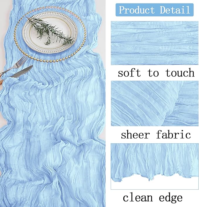 4 Pack Baby Blue Cheesecloth Table Runner 20 x 120 inch Gauze Table Runners 10 FT Long,Semi Sheer Cheese Cloth Fabric Table Runner Bulk for Wedding,Party,Baby Shower,Bridal Shower Decoration