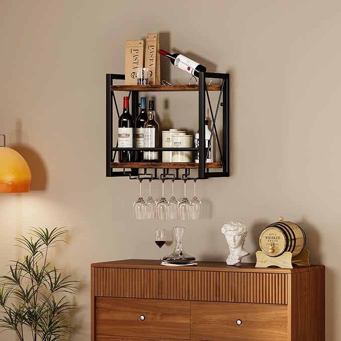 Homeiju Wall Mounted Wine Rack, Bottle & Glass Holder Wood-Metal Retro Wine Rack, Wine Bottles Display Wall Storage for Kitchen Dining Room Home Bar