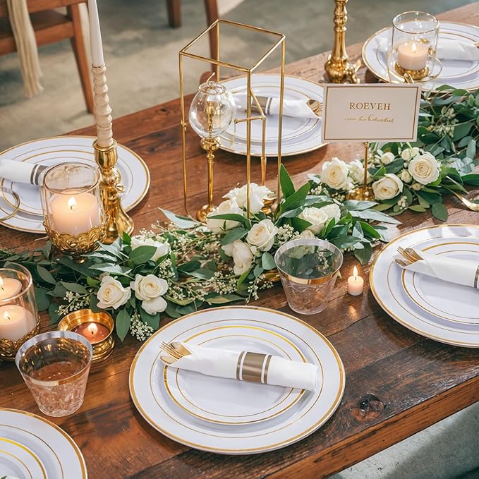 WELLIFE 350Pcs Gold Plastic Plates for 50 Guests - Plastic Dinnerware Set, Includes 100 Party Plates,150 Gold Silverware Disposable,50 Napkins,50 Cups,Disposable Plates for Party and Wedding