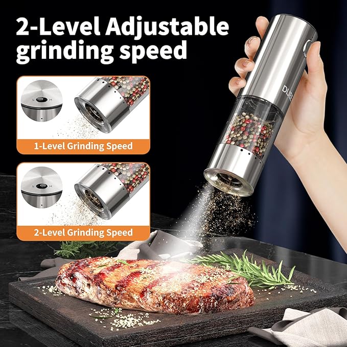 Rechargeable Salt and Pepper Grinder Mill, Electric Salt and Pepper Grinder set with Adjustable Grinding Speed, Automatic, Refillable, Stainless Steel Pepper Mill for Kitchen, Dining, Gifts (2 Pack)