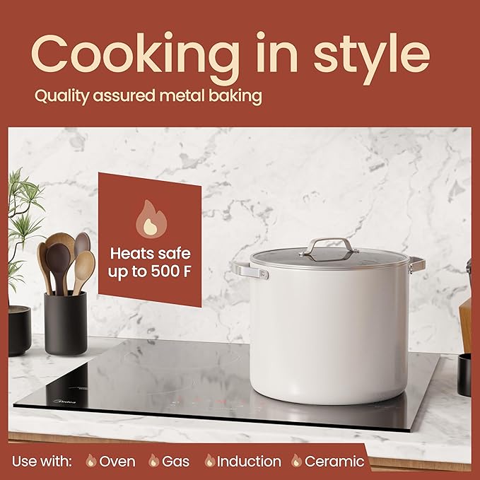 Bakken 12.5 Quart Ceramic Coated Stock Pot with Lid, Easy Clean Nonstick Pot, Tempered Glass Lid, Riveted Stainless Steel Handles, Oven Safe Up To 500째F, PTFE & PFAS Free, All Stove Compatible, Cream