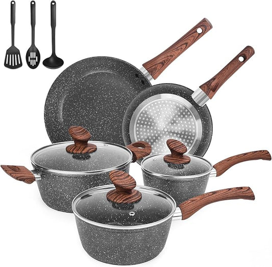 Granite Pots and Pans Set Non Stick, 11 Piece Die-Cast Induction Cookware Set, Nonstick Kitchen Cooking Set w/Frying Pans & Saucepans, PFOA Free