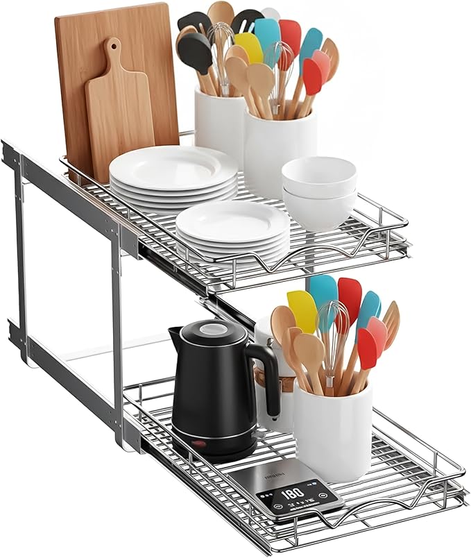 HOLDN??STORAGE Two Tier Pull Out Cabinet Organizer, Individual Sliding Drawers - Heavy Duty Metal with Lifetime Limited Warranty - Anti Rust Chrome Finish - 14" W x 21?쒭 x 16.5" H