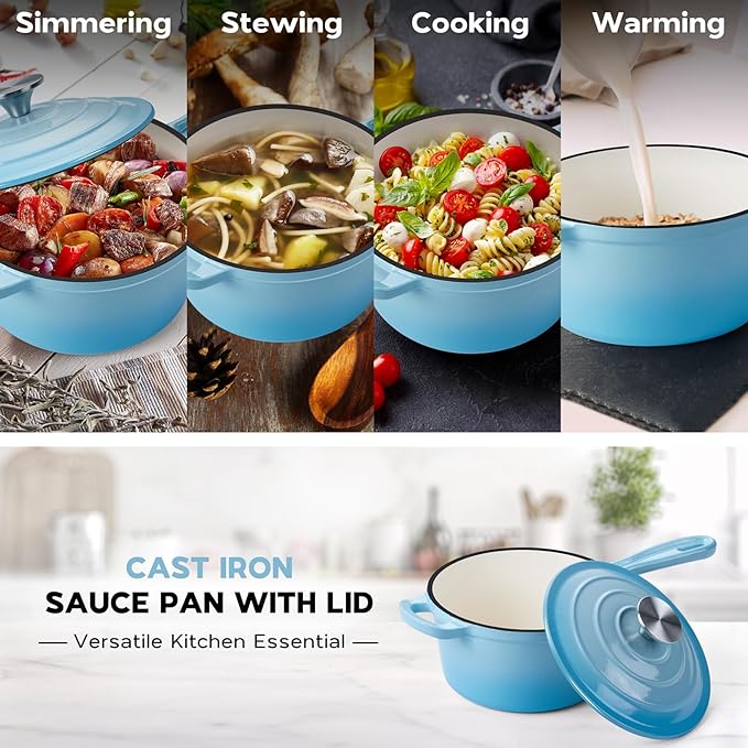 Onader 2 Quart Enameled Cast Iron Saucepan, Small Cast Iron Sauce Pan Pot for Cooking, Enamel Dutch Oven Kitchen Pot ??Lake Blue