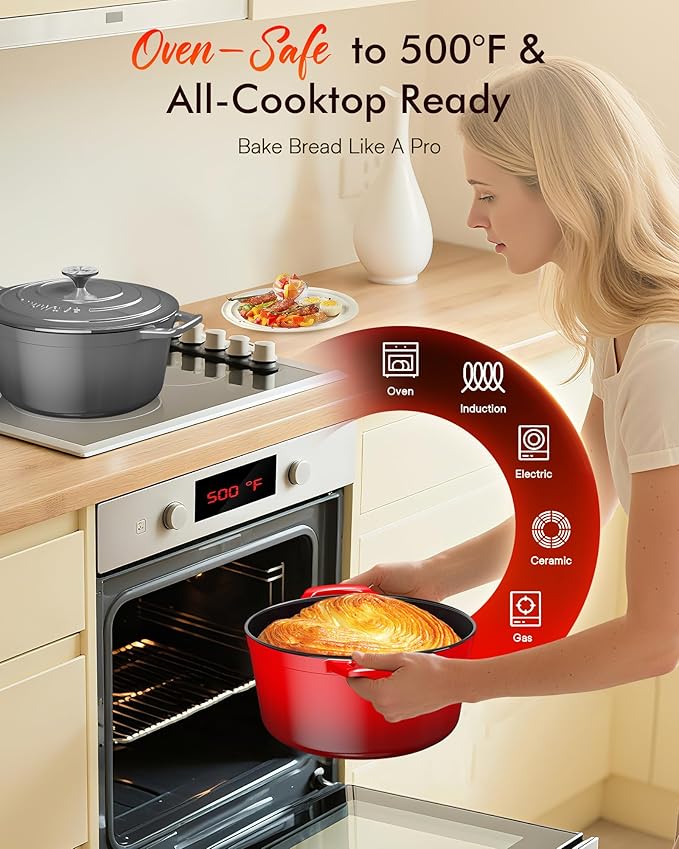 Nuwave 6QT Healthy Enameled Cast Iron Dutch Oven Pot with Lid, Heavy Duty 7-Layer Enamel, Enhanced Rust Protection, Dual Handles, Oven Safe to 500째F for Sourdough Bread Baking, Braise, Stew, Roast