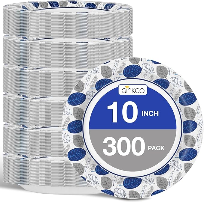 Ginkgo 300 Count Paper Plates 10 Inch Bulk, Disposable Large Paper Dinner Plates, Soak Proof, Cut Resistant for Family Gatherings, Travel, Parties, Picnic, Holiday and Daily Use