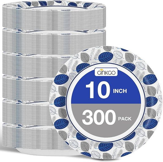 Ginkgo 300 Count Paper Plates 10 Inch Bulk, Disposable Large Paper Dinner Plates, Soak Proof, Cut Resistant for Family Gatherings, Travel, Parties, Picnic, Holiday and Daily Use