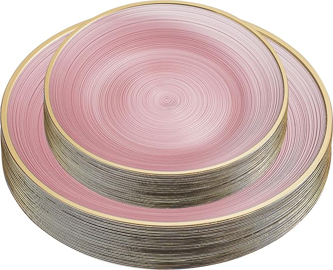 PLASTICPRO 64 Pieces Crystal Design Plastic Plates Combo Pack 7 inch and 10 inch Gold Rim Elegant Disposable Plates, Transparent Pink