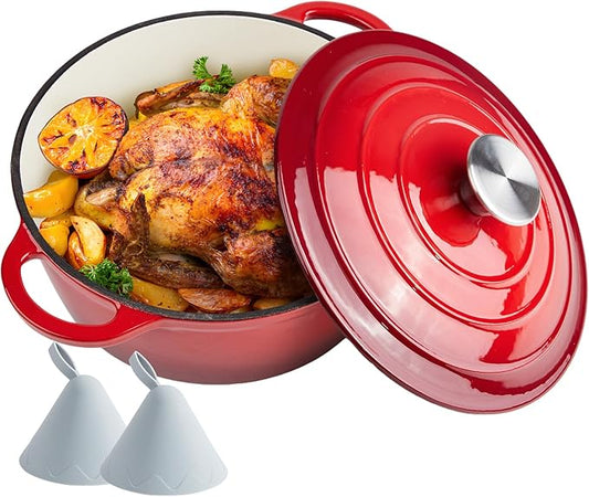 4.5 Quart Dutch Oven Enameled Cast Iron with Lid - Big Dual Handles - Oven Safe up to 500째F - Classic Round Pot for Versatile Cooking Red