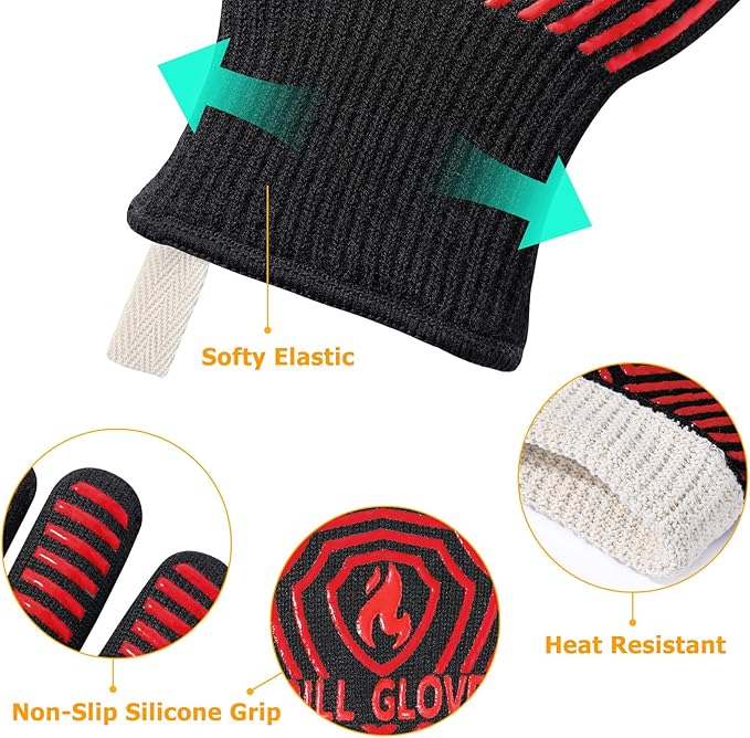 QUWIN BBQ Gloves, BBQ Accessories 1472??Extreme Heat Resistant, Grilling Gloves Silicone Non-Slip Oven Mitts, Kitchen Gloves for BBQ, Grilling, Cooking, Baking-1 Pair 11inch, Red