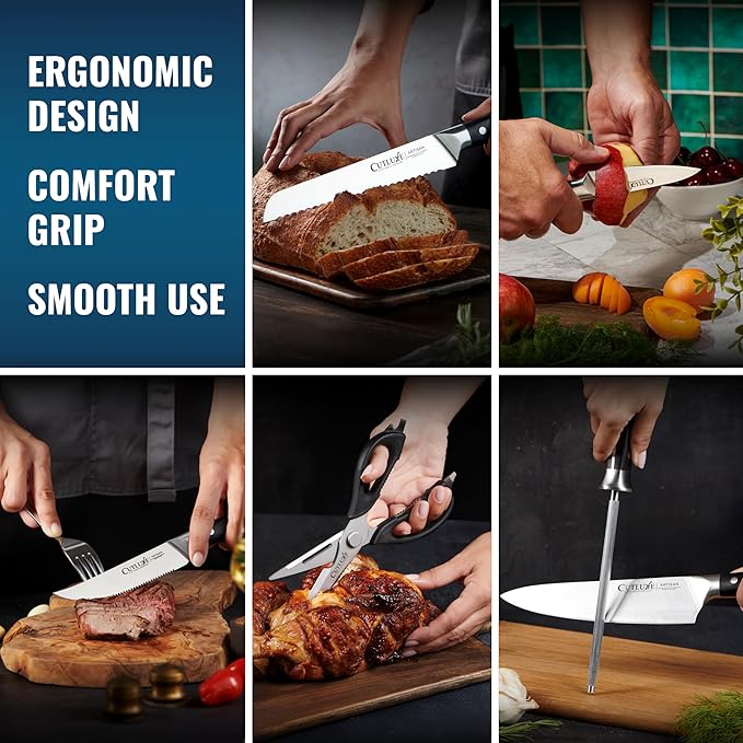 Cutluxe 15-Piece Knife Set ??Premium Rubberwood Wood Block ??Knife Set for Kitchen, Ultra Sharp High Carbon German Stainless Steel, Full Tang ??Artisan Series