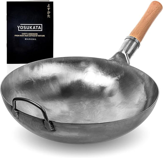 YOSUKATA 14??Round Bottom Carbon Steel Woks and Stir Fry Pans ??Unseasoned Pow Wok for Stir Fry, BBQ & Camping ??Hand-Hammered Traditional Japanese and Chinese Pan ??Gas Stove, Open Fire Only