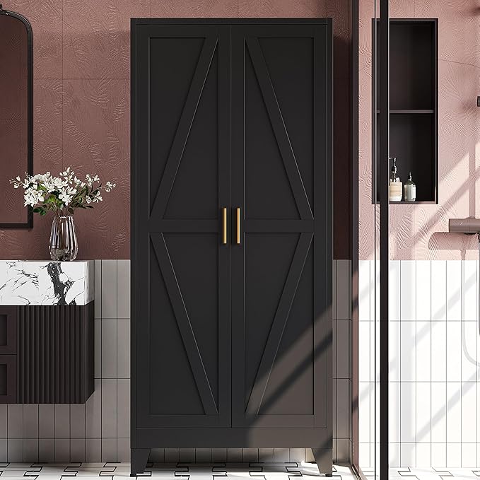 71" H Black Pantry Kitchen Cabinet with Doors,Black Metal Storage Cabinets,Freestanding Pantry Cabinet,Farmhouse Food Storage Cabinets,Tall and Large Pantry Cabinets for Kitchen, Dining Room