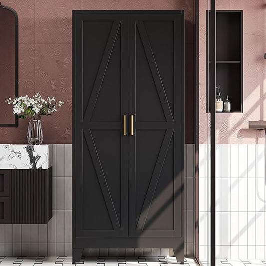 71" H Black Pantry Kitchen Cabinet with Doors,Black Metal Storage Cabinets,Freestanding Pantry Cabinet,Farmhouse Food Storage Cabinets,Tall and Large Pantry Cabinets for Kitchen, Dining Room