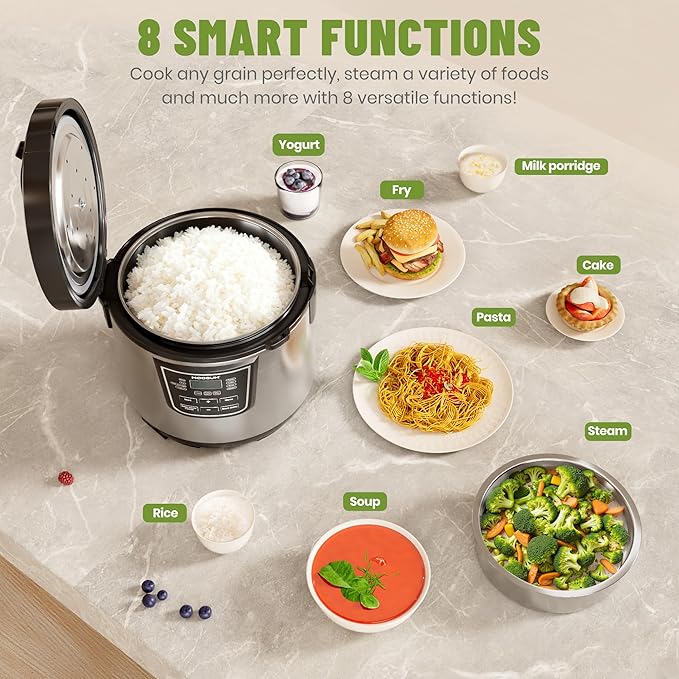 20 Cup Cooked (10 cup uncooked) Rice Cooker with 8 Functions, Healthy Cooking Stainless Steel Pot & Steamer, Removable Inner Cover, Silver