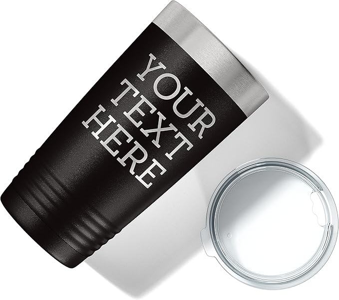 Personalized 20oz (17 Colors) Powder Coated Insulated Stainless Steel Tumbler with Lid, Custom Etched, Customized Text Message Name, Engraved Gift Idea Women Men Him Her, Your Text Here (Black)