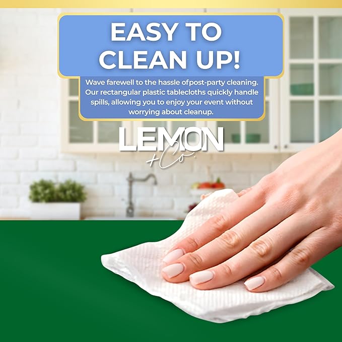 LEMON + Co. Green Rectangle Table Cover Disposable Plastic Tablecloth 54 Inch. x 108 Inch. Premium Decorative Rectangle Table Cover 20 Pack