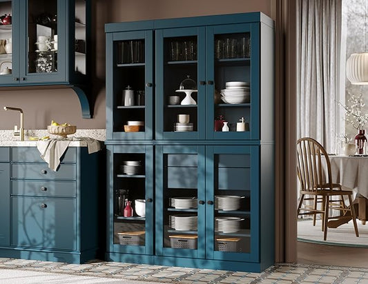 Palace Imports 100% Solid Wood 48.5" Pantry China Cabinet with Clear Glass Doors, 2-Drawers and Adjustable Shelves (Teal Blue)
