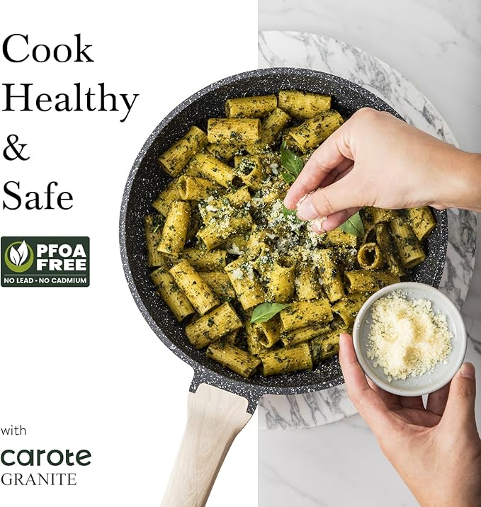 CAROTE 10/12/12.5 Inch Nonstick Deep Frying Pan with Lid, Jumbo Cooker Saute Pan with Pour Spout, Skillet Induction Cookware, Non Stick Cooking Pan PFOA Free, Classic Granite
