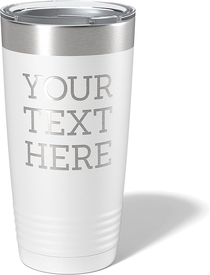Personalized 20oz (17 Colors) Powder Coated Insulated Stainless Steel Tumbler with Lid, Custom Etched, Customized Text Message Name, Engraved Gift Idea Women Men Him Her, Your Text Here (White)