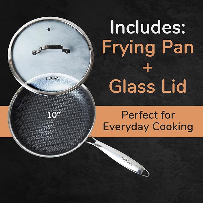 10??Non-Stick Stainless Steel Frying Pan with Lid | Honeycomb Hybrid Skillet for Induction, Gas & Electric Stovetops | Oven Safe, Dishwasher Safe | Premium Gift Packaging
