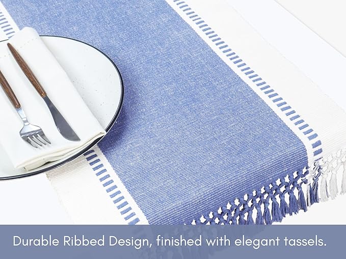 PurpleEssences Table Runner - Wide with Dobby Stripe, Heavy Ribbed Weave & Double Knot Fringes, 14x90 Inch (14x95.5 with Fringes) Farmhouse Decor - Christmas Holiday Winter- French Blue and H.White