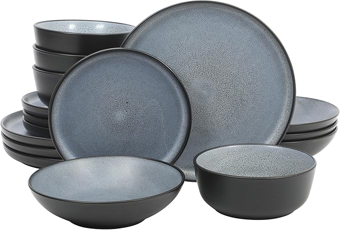 Gibson Elite Tribeca Loft 16-Piece Dinnerware Set ??Matte Black and Blue Reactive Glaze Stoneware, Double Bowl Round Plates and Bowls ??Modern Rustic Dinnerware for 4, Dishwasher & Microwave Safe