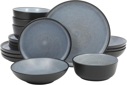 Gibson Elite Tribeca Loft 16-Piece Dinnerware Set ??Matte Black and Blue Reactive Glaze Stoneware, Double Bowl Round Plates and Bowls ??Modern Rustic Dinnerware for 4, Dishwasher & Microwave Safe