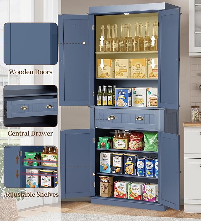 KIGOTY 72" Tall Kitchen Pantry Cabinet with Drawer and 4 Adjustable Shelves, Freestanding Pantry Storage Cabinets, Wood Cupboard Pantry Cabinet for Kitchen, Dining Room, Living Room, Greyish Blue