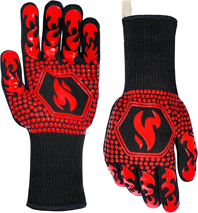 QUWIN BBQ Gloves, Oven Gloves 1472??Extreme Heat Resistant, Grilling Gloves Silicone Non-Slip Oven Mitts, Kitchen Gloves for BBQ, Grilling, Cooking, Baking-1 Pair??(One Size(Long Cuff), Red)