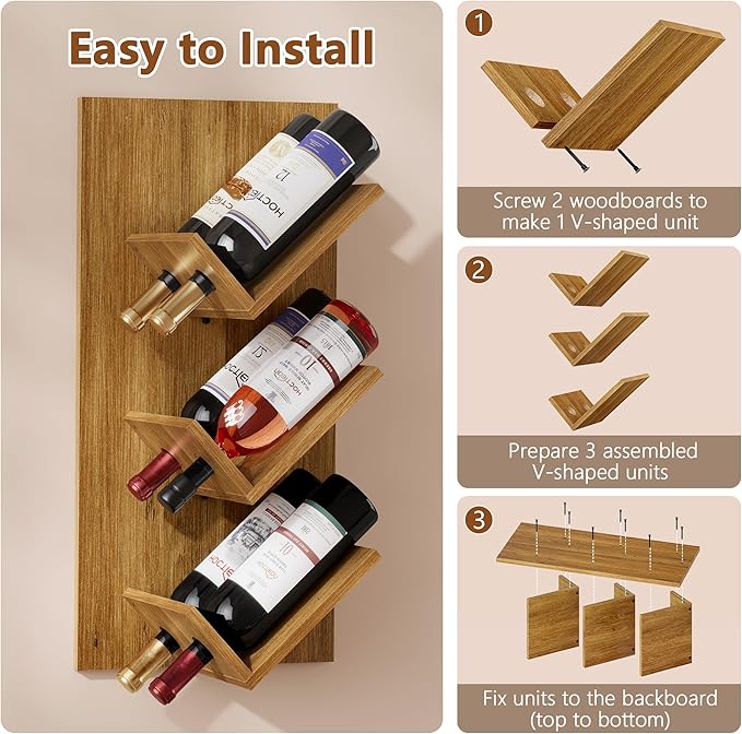 Hoctieon Wine Rack Wall Mounted, 6 Bottles Hanging Wine Racks Bar Shelves for Display & Storage, Rustic Wood Wine Bottle Holder for Home Bar, Kitchen, Dining Room,Warm Brown
