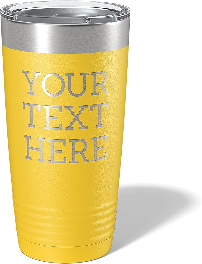 Personalized 20oz (17 Colors) Powder Coated Insulated Stainless Steel Tumbler with Lid, Custom Etched, Customized Text Message Name, Engraved Gift Idea Women Men Him Her, Your Text Here (Yellow)