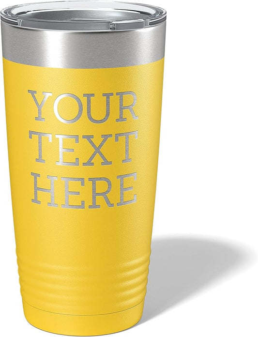 Personalized 20oz (17 Colors) Powder Coated Insulated Stainless Steel Tumbler with Lid, Custom Etched, Customized Text Message Name, Engraved Gift Idea Women Men Him Her, Your Text Here (Yellow)